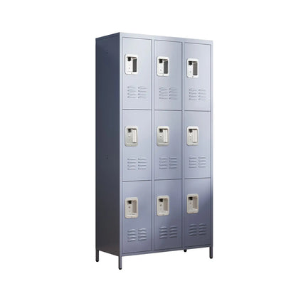 9-door metal locker cabinet with individual key locks.