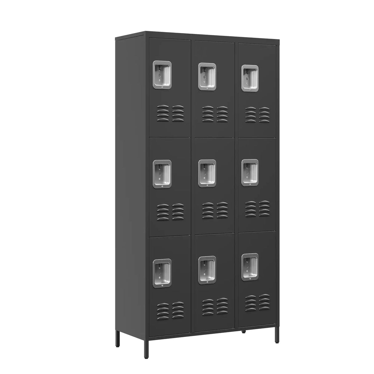 Black 9-door metal locker cabinet with individual key locks. #black