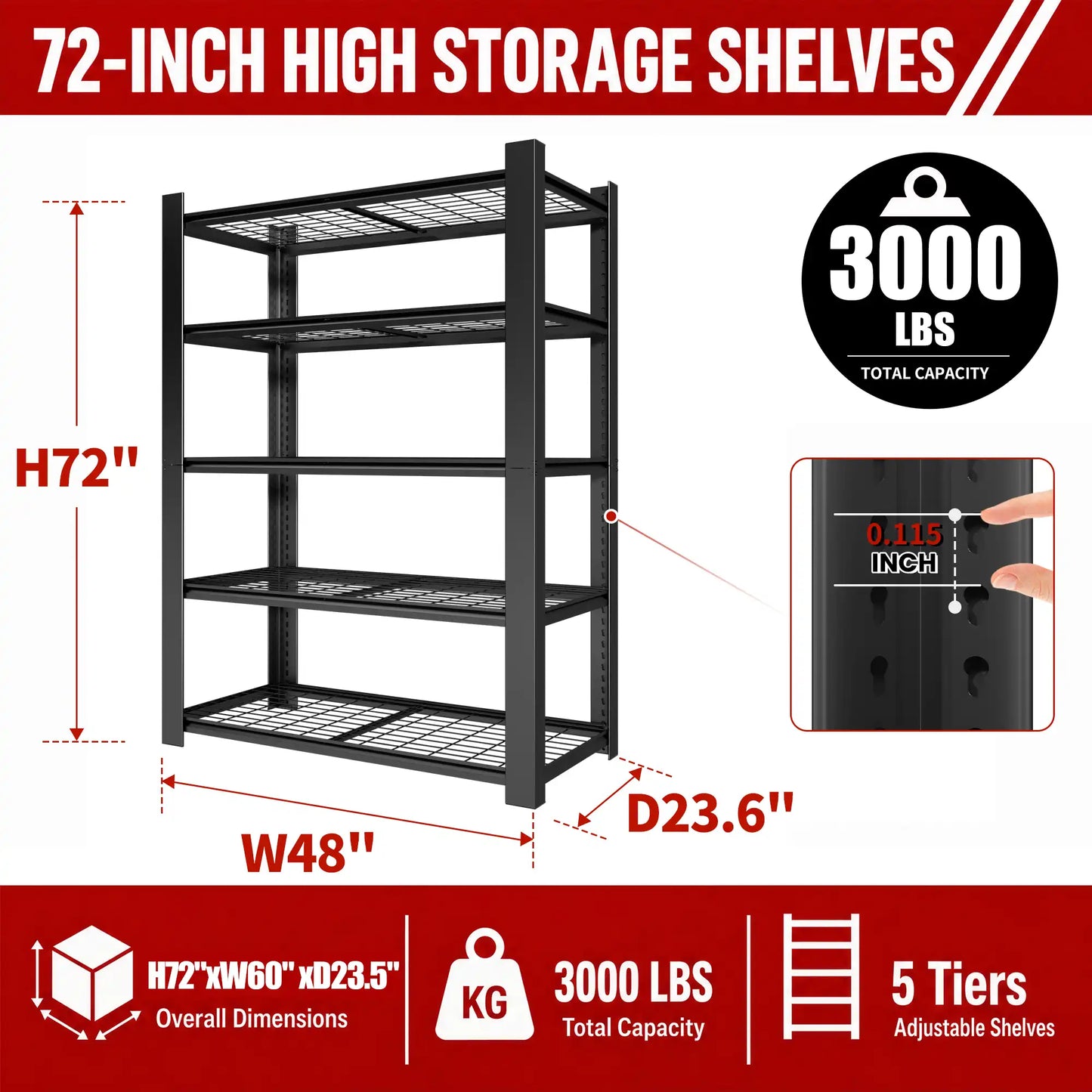 Greatmeet 72" H Adjustable Metal Racking, 3000 LBS Capacity 5-Tier Wire Shelving for Garage & Warehouse