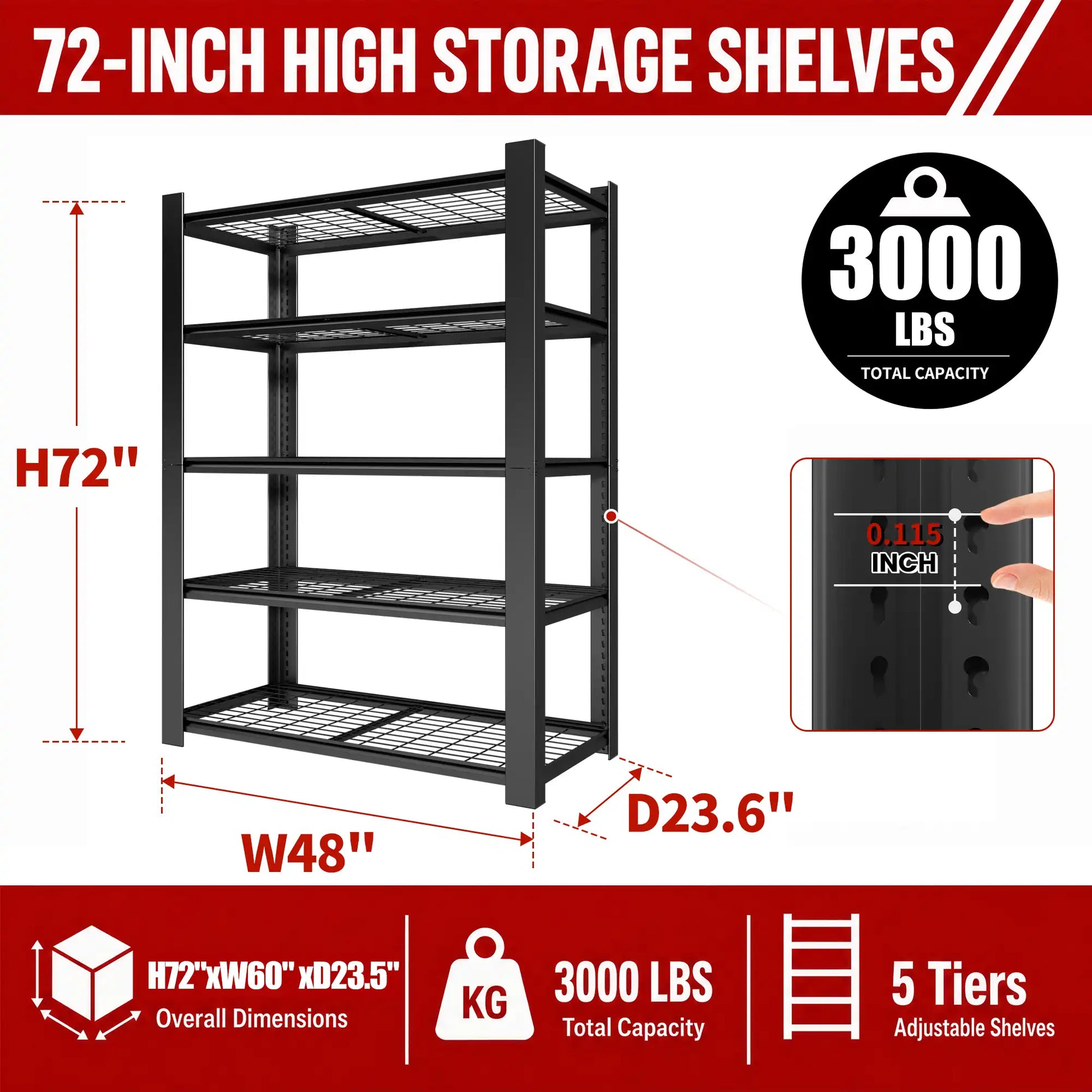 Greatmeet 72" H Adjustable Metal Racking, 3000 LBS Capacity 5-Tier Wire Shelving for Garage & Warehouse