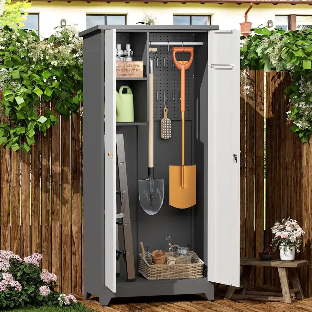 All-Weather Metal Utility Cabinet Positioned in Backyard Garden Next to Lawn