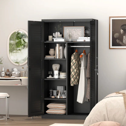 Greatmeet 71’’ Locking Armoire Wardrobe Closet with Louvered Doors, Metal Wardrobe Cabinet with Hanging Rod & Adjustable Shelves for Home, Bedroom and Office
