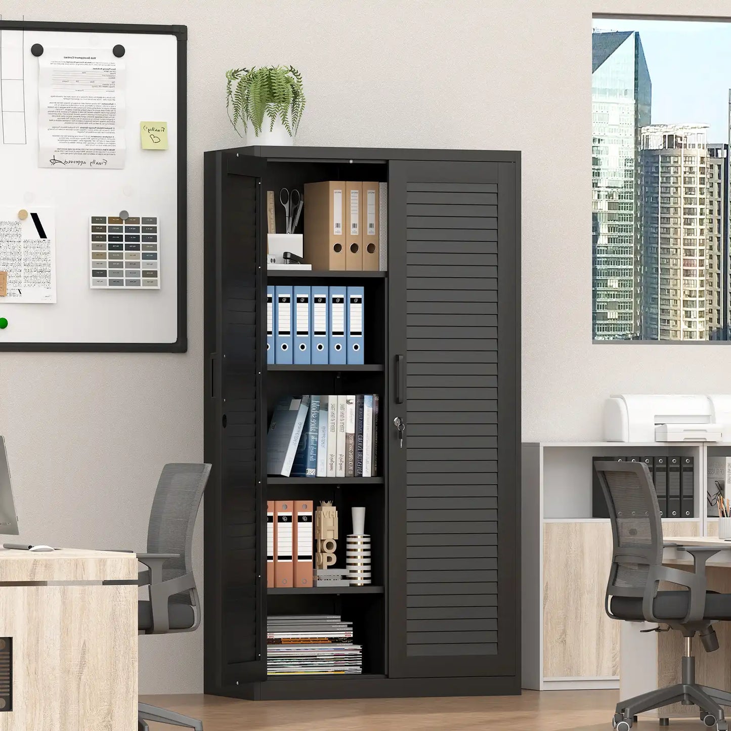 Greatmeet 71’’ Locking Armoire Wardrobe Closet with Louvered Doors, Metal Wardrobe Cabinet with Hanging Rod & Adjustable Shelves for Home, Bedroom and Office