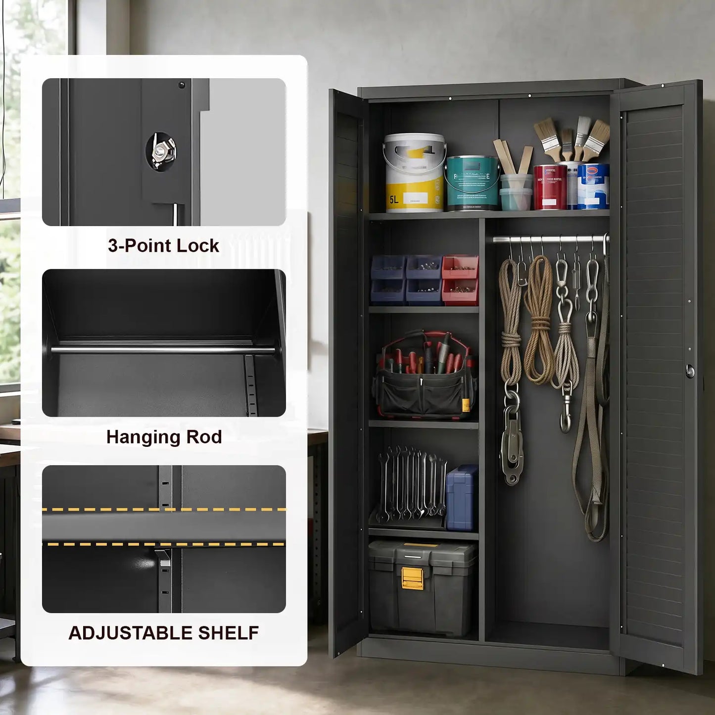 Greatmeet 71’’ Locking Armoire Wardrobe Closet with Louvered Doors, Metal Wardrobe Cabinet with Hanging Rod & Adjustable Shelves for Home, Bedroom and Office
