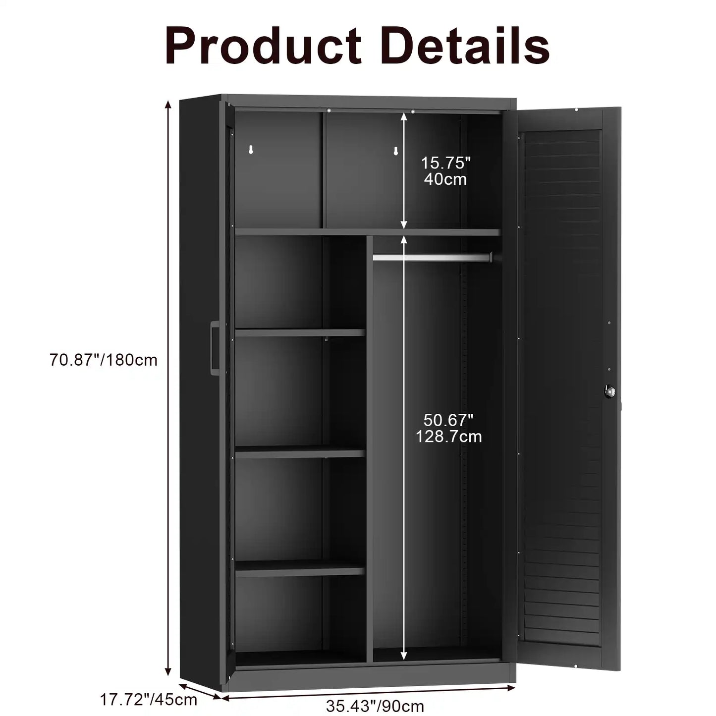 Greatmeet 71’’ Locking Armoire Wardrobe Closet with Louvered Doors, Metal Wardrobe Cabinet with Hanging Rod & Adjustable Shelves for Home, Bedroom and Office