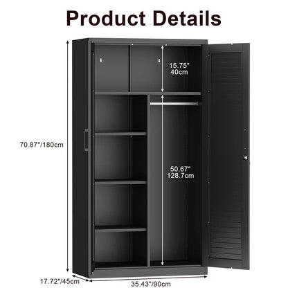 Greatmeet 71’’ Locking Armoire Wardrobe Closet with Louvered Doors, Metal Wardrobe Cabinet with Hanging Rod & Adjustable Shelves for Home, Bedroom and Office