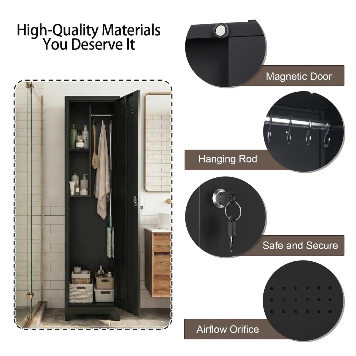 Close-up view of the magnetic door hanging rod and airflow orifice inside the mop and broom storage cabinet