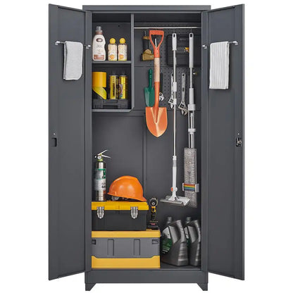 Front-facing view of an open-door gray metal storage unit filled with gardening and garage supplies.