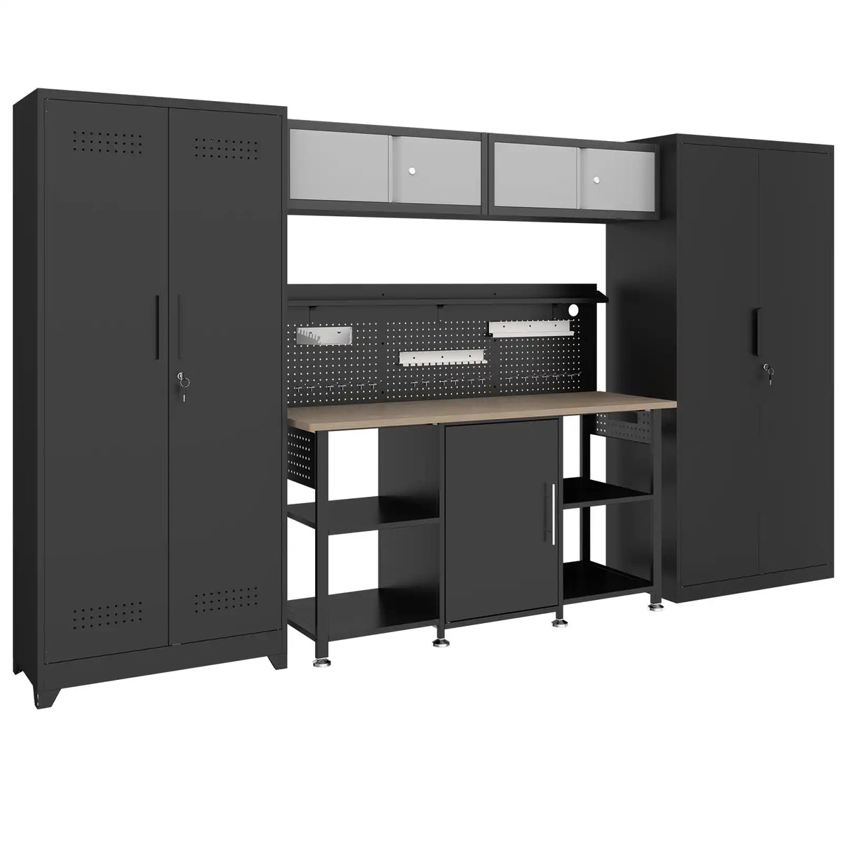 Greatmeet Custom Garage Cabinets, 5-Piece Metal Storage Lockers and Cabinets with Workbench & Pegboard