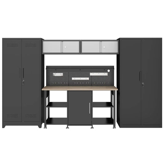 Greatmeet Custom Garage Cabinets, 5-Piece Metal Storage Lockers and Cabinets with Workbench & Pegboard