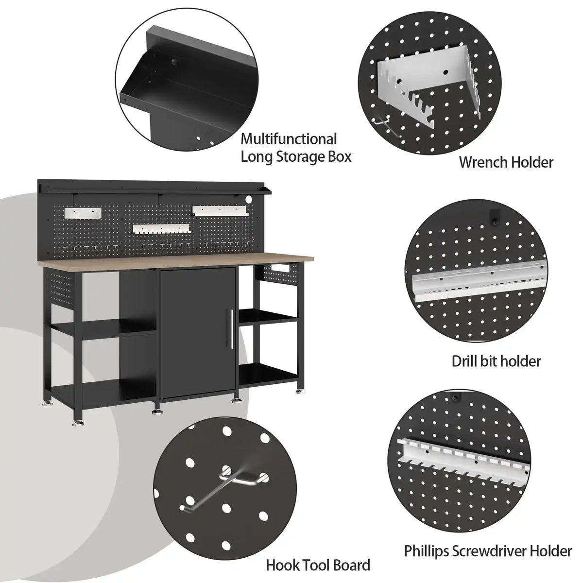 Greatmeet Custom Garage Cabinets, 5-Piece Metal Storage Lockers and Cabinets with Workbench & Pegboard