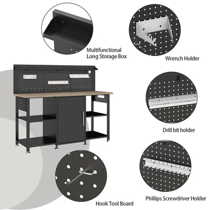 Greatmeet Custom Garage Cabinets, 5-Piece Metal Storage Lockers and Cabinets with Workbench & Pegboard