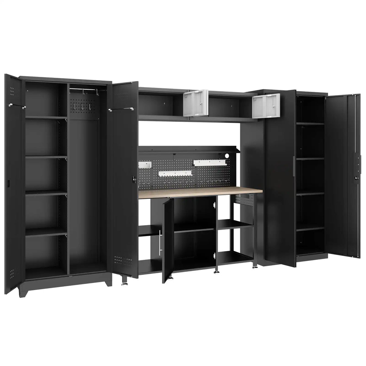 Greatmeet Custom Garage Cabinets, 5-Piece Metal Storage Lockers and Cabinets with Workbench & Pegboard
