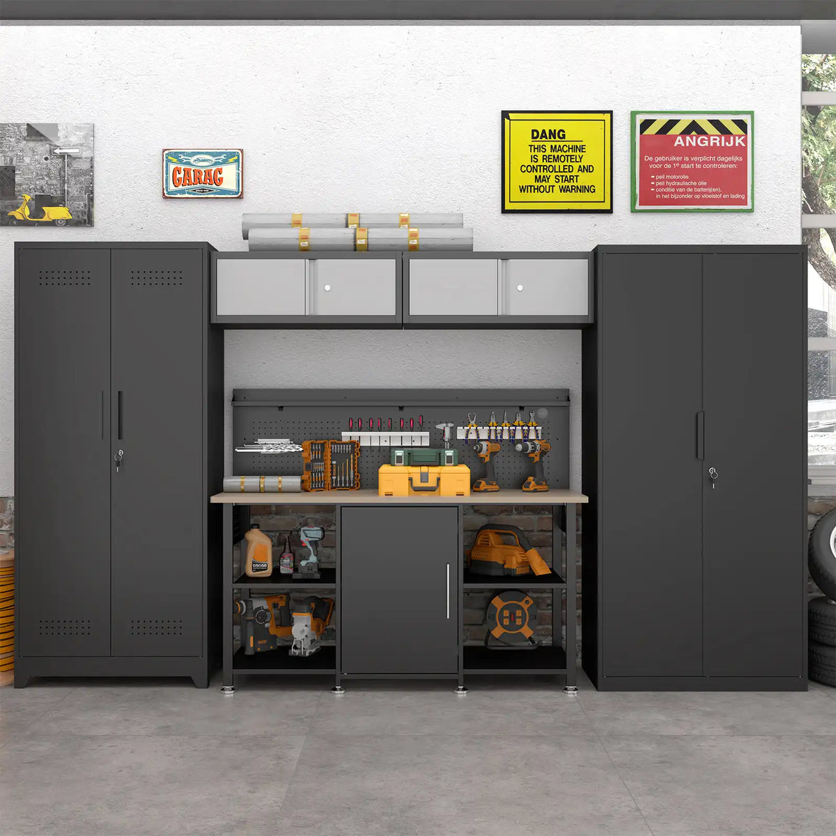 Greatmeet Custom Garage Cabinets, 5-Piece Metal Storage Lockers and Cabinets with Workbench & Pegboard