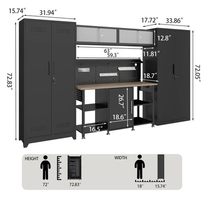 Greatmeet Custom Garage Cabinets, 5-Piece Metal Storage Lockers and Cabinets with Workbench & Pegboard