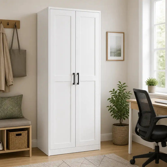 Greatmeet 30" W Tall White Wooden Storage Cabinet with Doors and Shelves, 71" H Freestanding Pantry Cupboard