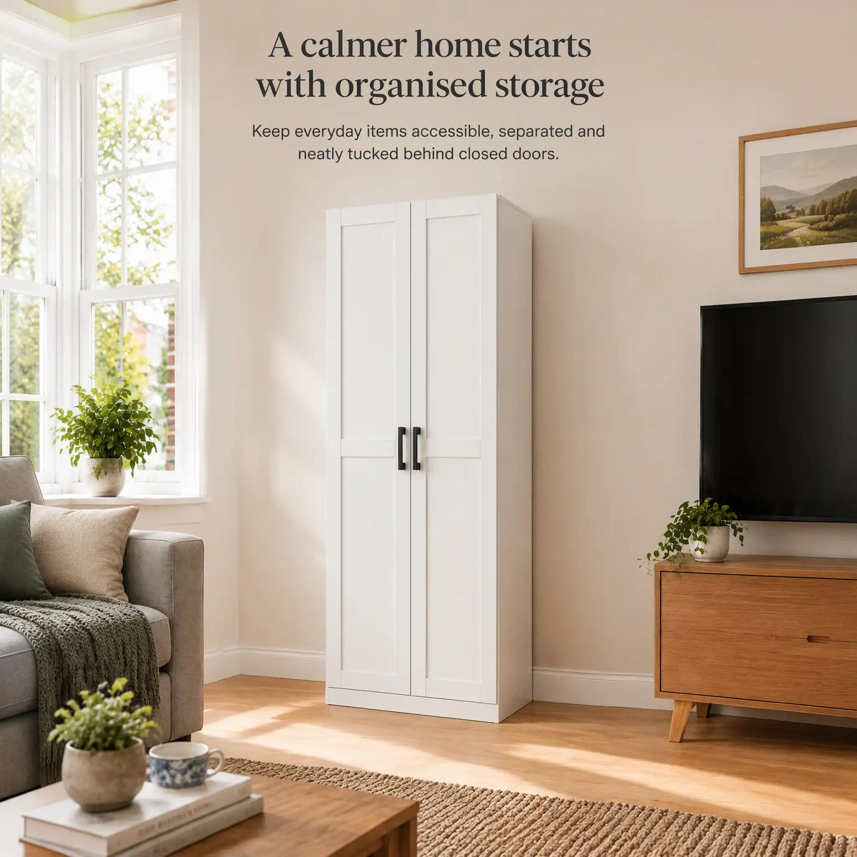 Greatmeet 30" W Tall White Wooden Storage Cabinet with Doors and Shelves, 71" H Freestanding Pantry Cupboard
