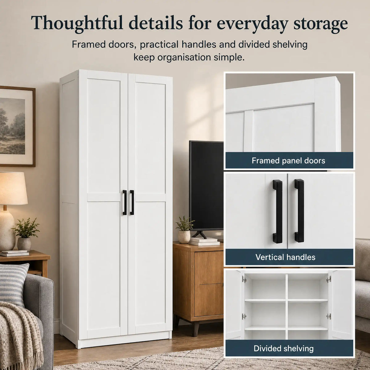 Greatmeet 30" W Tall White Wooden Storage Cabinet with Doors and Shelves, 71" H Freestanding Pantry Cupboard