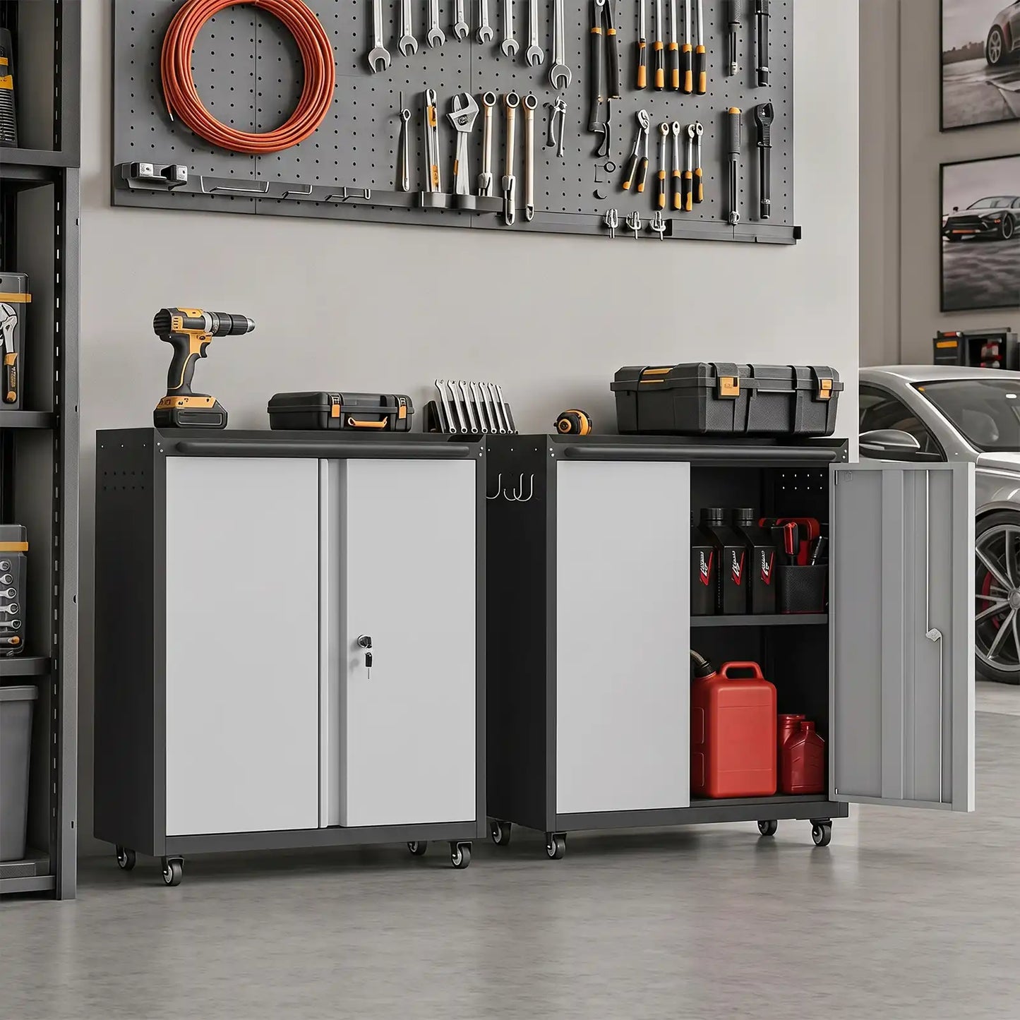 Greatmeet Rolling Metal Garage Storage Cabinet with Locking Wheels, Heavy-Duty Mobile Tool Cabinet with Adjustable Shelf & Side Hooks for Workshop Organization