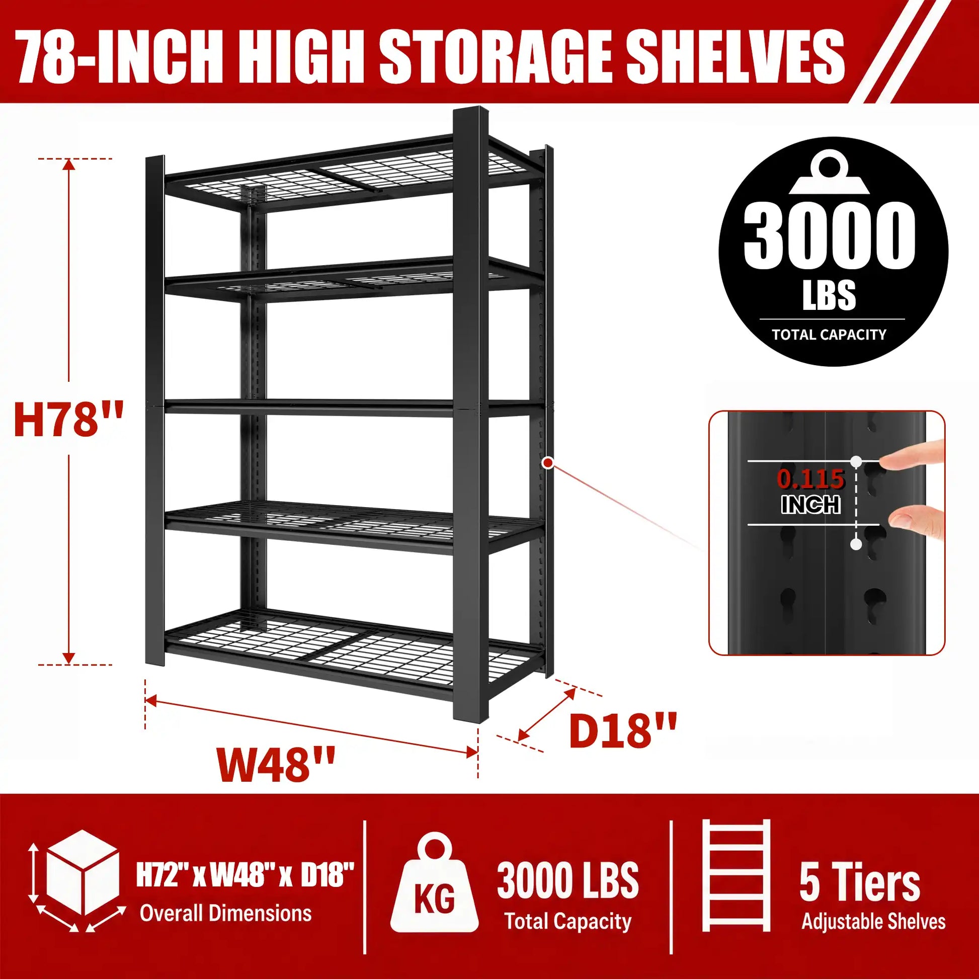 Greatmeet 78" H 5-Tier Heavy Duty Metal Wire Shelving, 3000LBS Capacity Adjustable Storage Racks for Garage & Kitchen