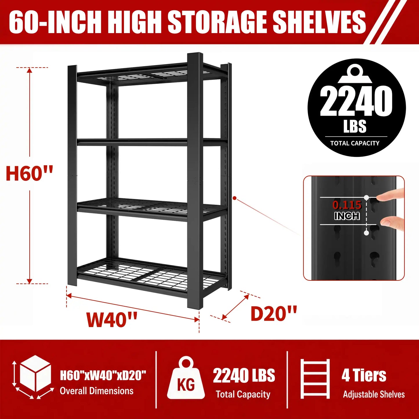 Greatmeet 60" H 4-Tier Adjustable Wire Shelving Unit, 2240 LBS Capacity Steel Storage Racks for Pantry, Garage & Home