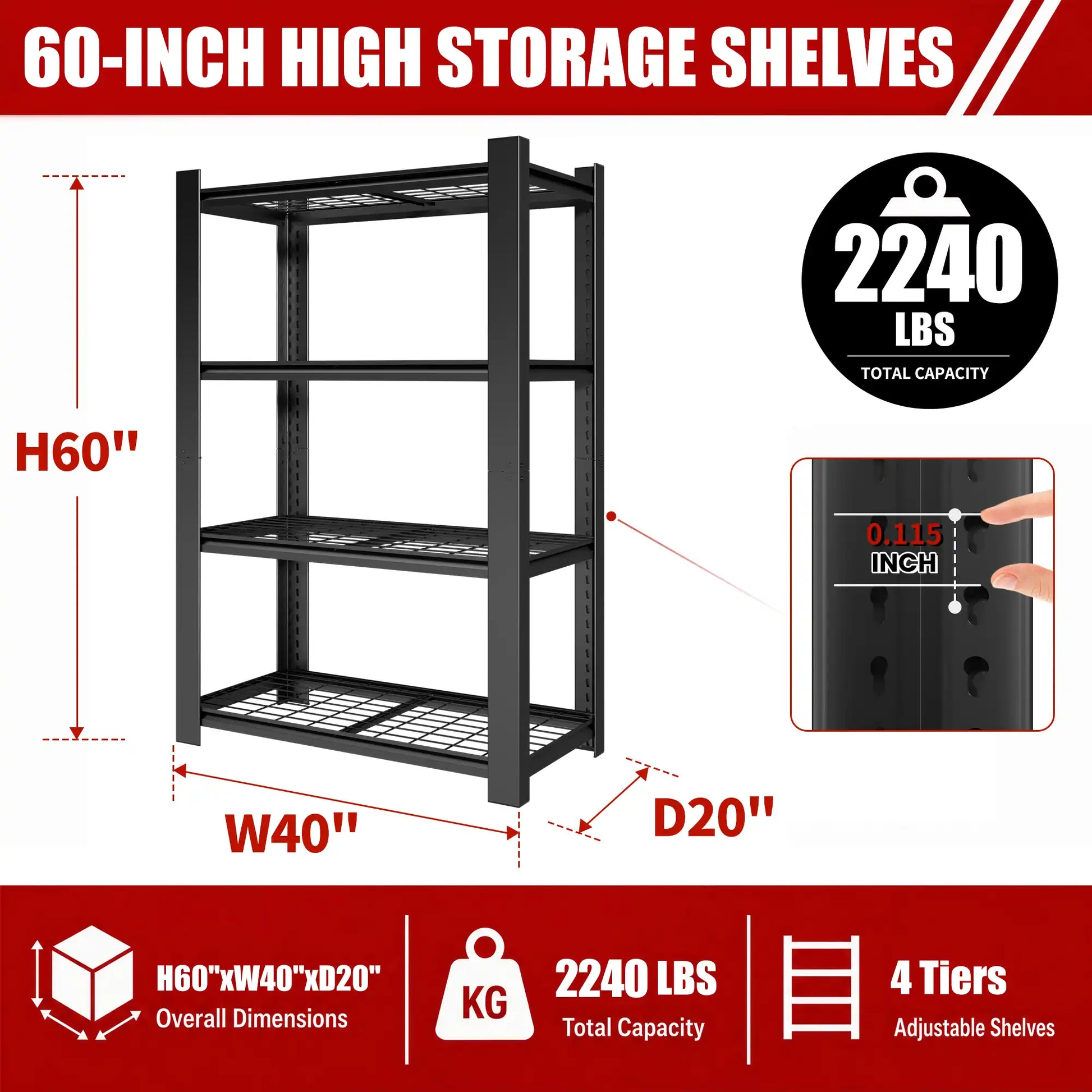 Greatmeet 60" H 4-Tier Adjustable Wire Shelving Unit, 2240 LBS Capacity Steel Storage Racks for Pantry, Garage & Home