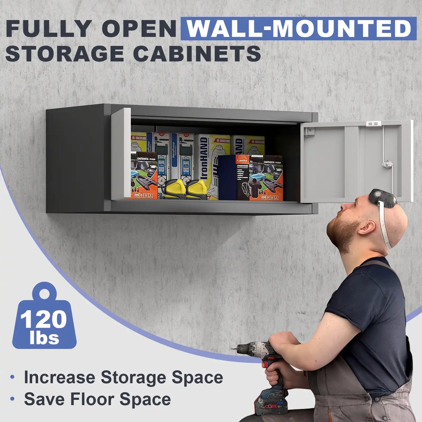 Horizontal Overhead Metal Wall Cabinet 120 LBS #black+grey