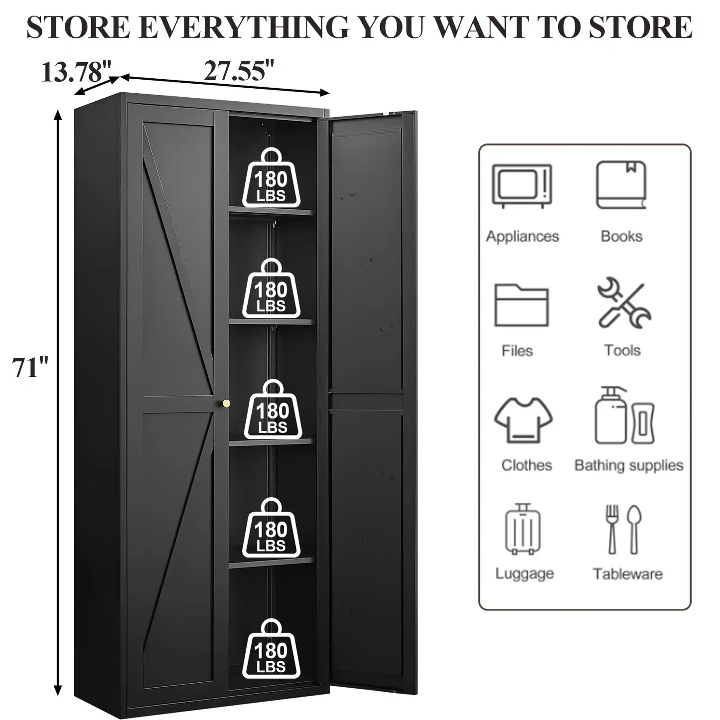 Greatmeet Metal Kitchen Pantry Storage Cabinet with 2 Doors & Adjustable Shelves, Tall Cupboard for Kitchen, Dining Room, Bathroom & Living Room