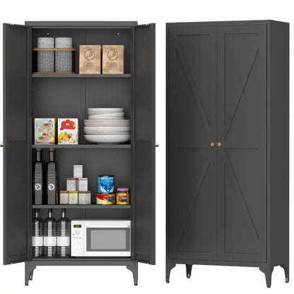 Greatmeet Metal Kitchen Pantry Storage Cabinet with 2 Doors & Adjustable Shelves, Tall Cupboard for Kitchen, Dining Room, Bathroom & Living Room