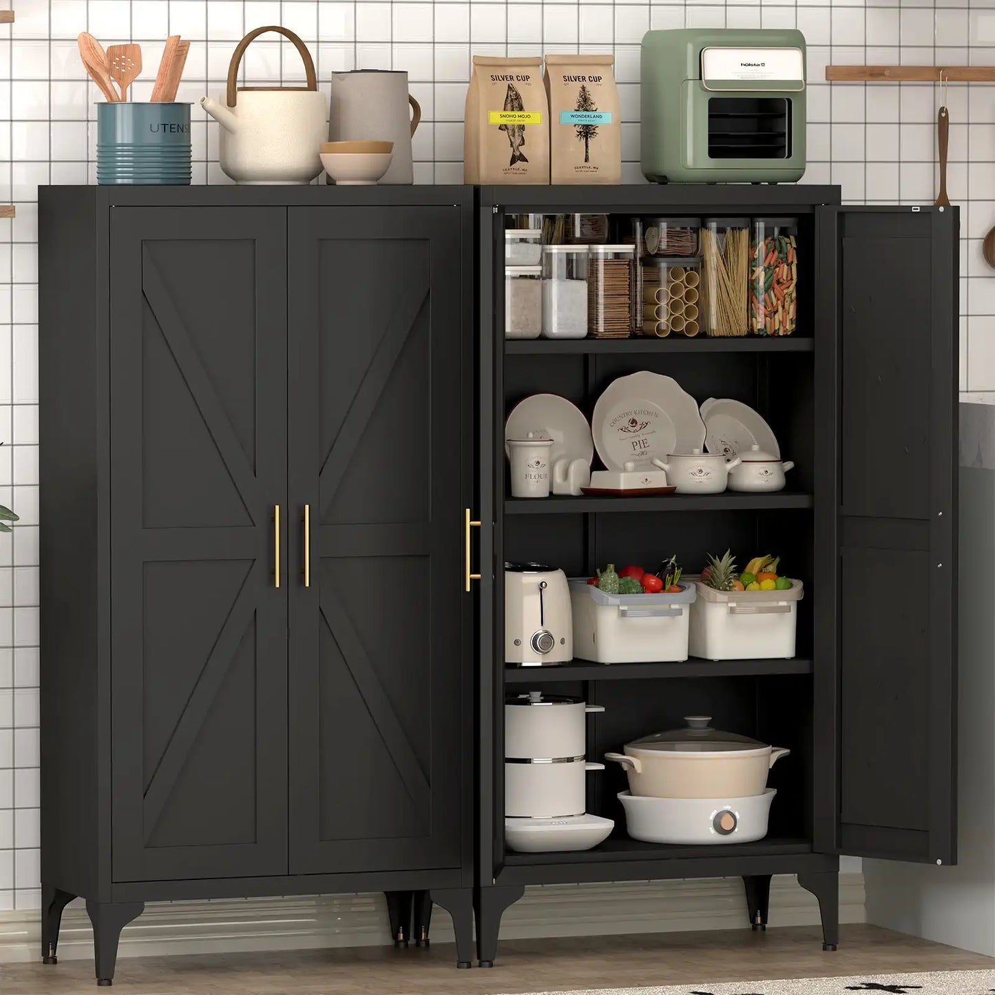 Greatmeet Metal Kitchen Pantry Storage Cabinet with 2 Doors & Adjustable Shelves, Tall Cupboard for Kitchen, Dining Room, Bathroom & Living Room