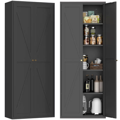 Greatmeet Metal Kitchen Pantry Storage Cabinet with 2 Doors & Adjustable Shelves, Tall Cupboard for Kitchen, Dining Room, Bathroom & Living Room