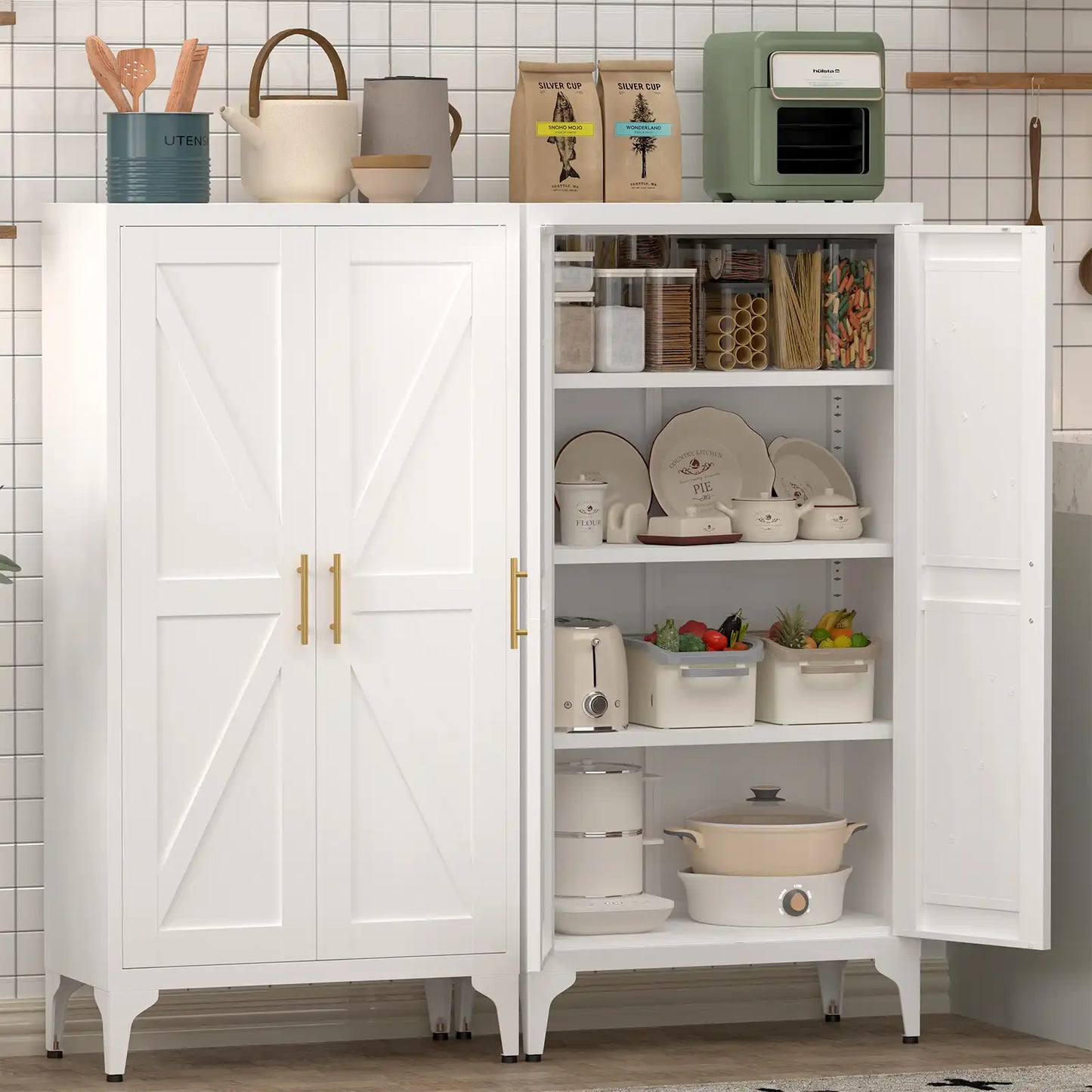 Greatmeet Metal Kitchen Pantry Storage Cabinet with 2 Doors & Adjustable Shelves, Tall Cupboard for Kitchen, Dining Room, Bathroom & Living Room