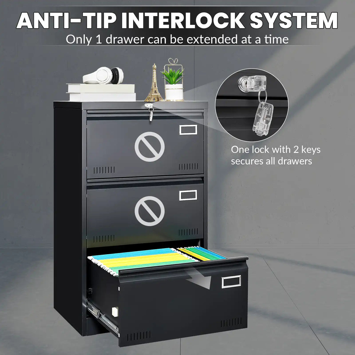 Metal Filing Cabinet with Lock 1 #black #3 drawers