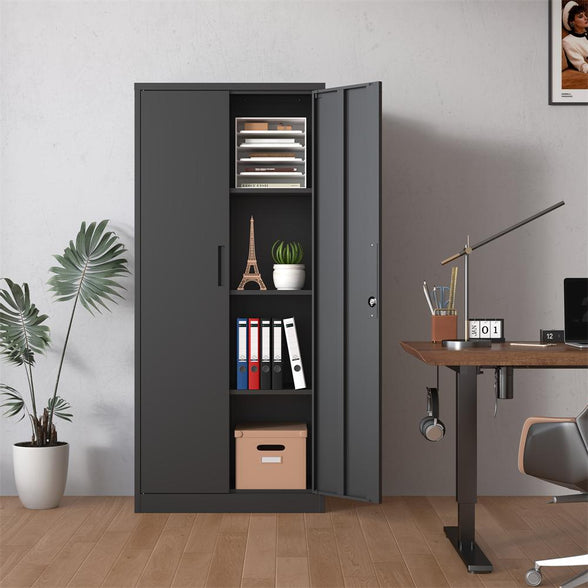 GREATMEET Metal Garage Cabinets,71" Lockable Metal Storage Cabinet with 2 Doors and 4 Adjustable Shelves,Black Steel Cabinet for Garage Office School Home Storage