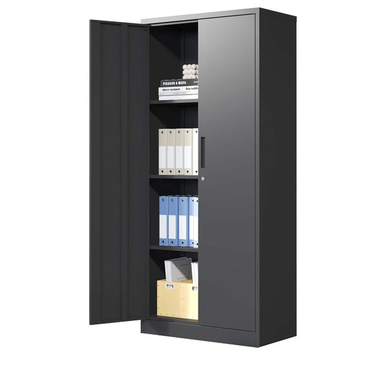 GREATMEET Metal Garage Cabinets,71" Lockable Metal Storage Cabinet with 2 Doors and 4 Adjustable Shelves,Black Steel Cabinet for Garage Office School Home Storage