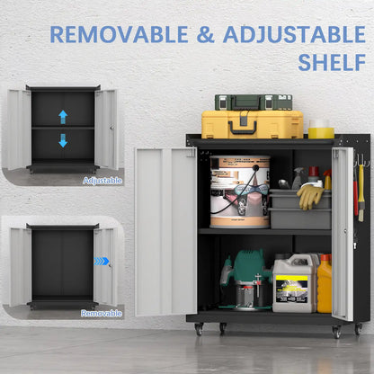 Greatmeet Rolling Metal Garage Storage Cabinet with Locking Wheels, Heavy-Duty Mobile Tool Cabinet with Adjustable Shelf & Side Hooks for Workshop Organization