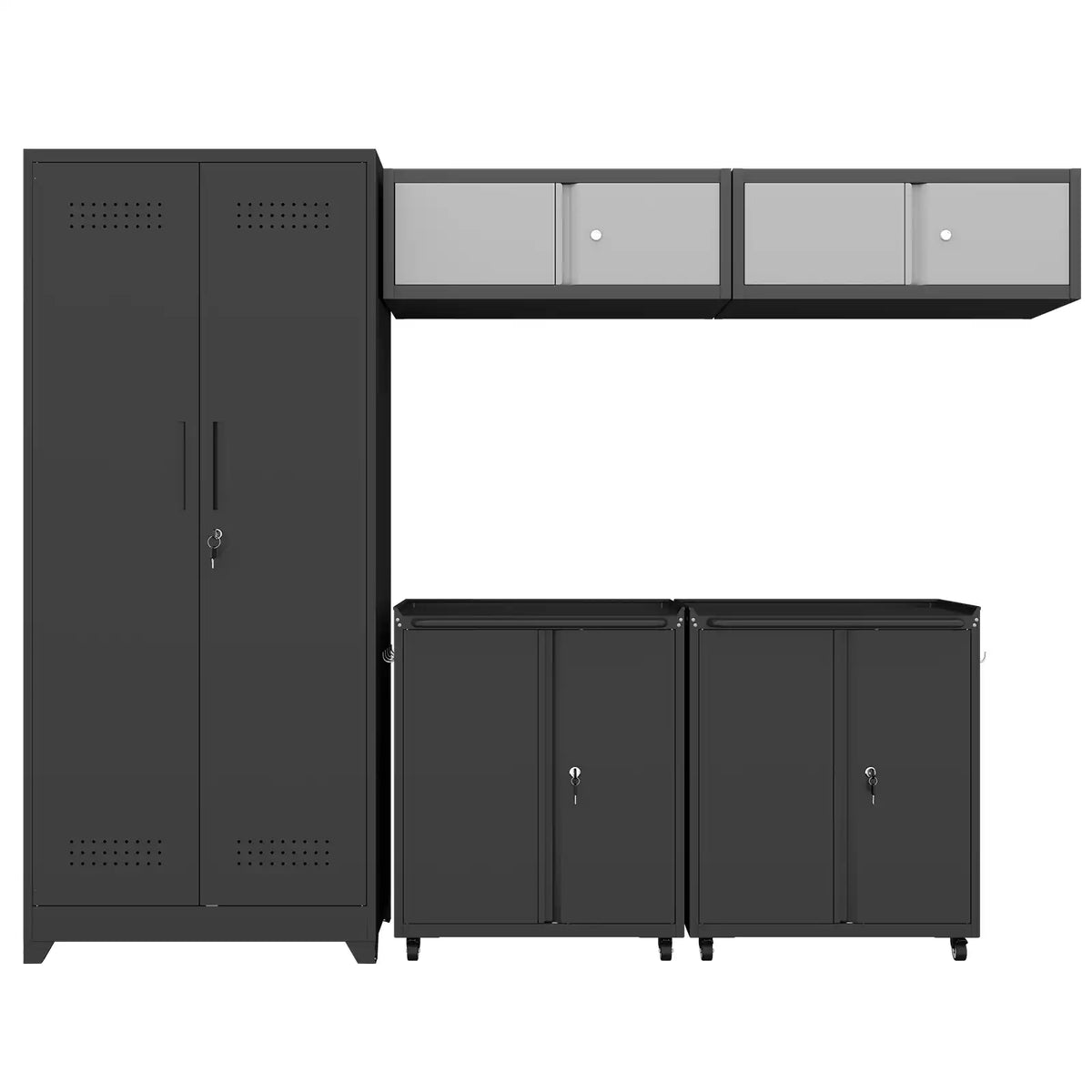 Greatmeet Metal Garage Storage Cabinet System, 5-Piece Lockable modular garage cabinets with Tall Storage Locker, Wall-Mounted Cabinets & Rolling Carts for Workshop