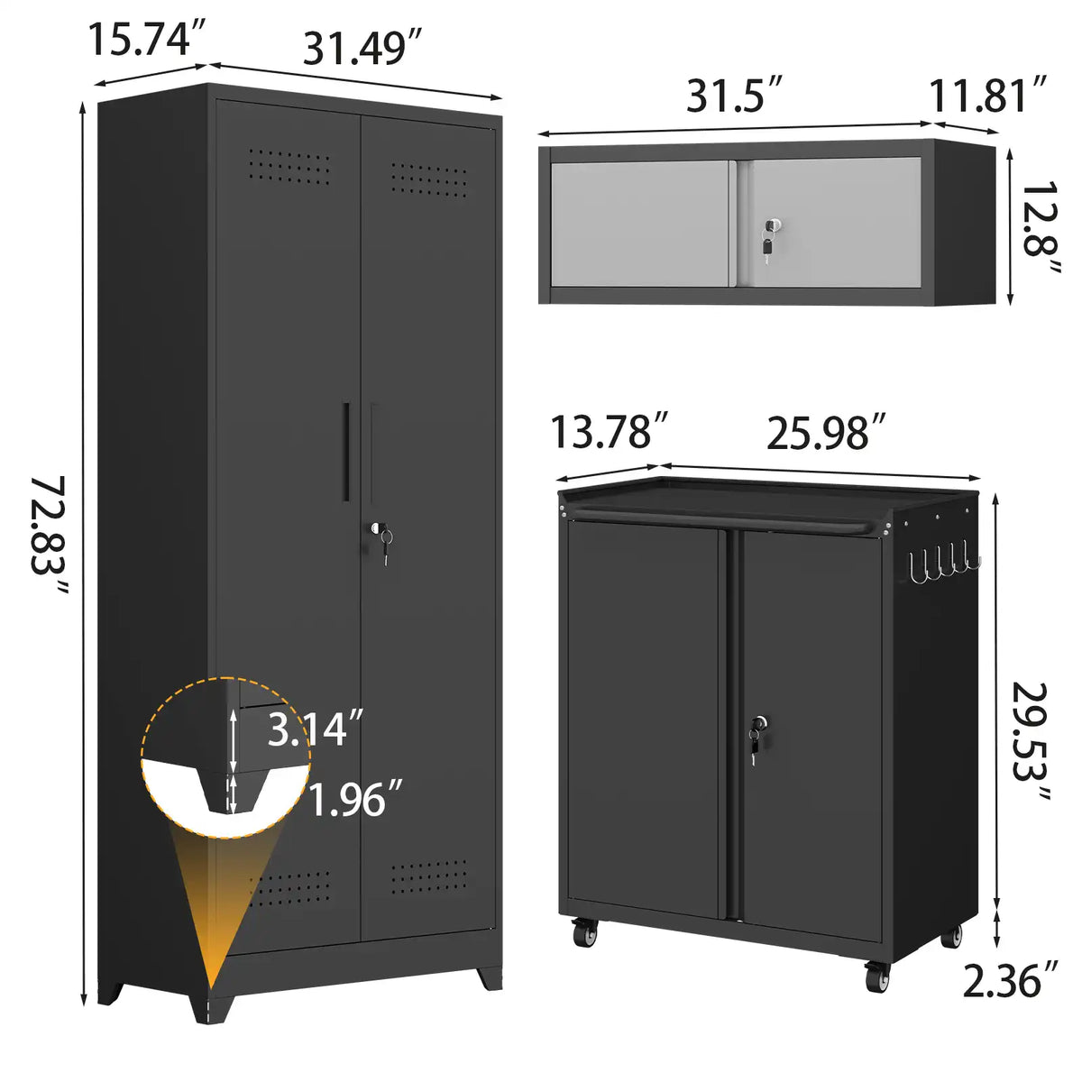 Greatmeet Metal Garage Storage Cabinet System, 5-Piece Lockable modular garage cabinets with Tall Storage Locker, Wall-Mounted Cabinets & Rolling Carts for Workshop