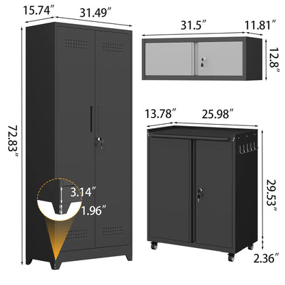 Greatmeet Metal Garage Storage Cabinet System, 5-Piece Lockable modular garage cabinets with Tall Storage Locker, Wall-Mounted Cabinets & Rolling Carts for Workshop