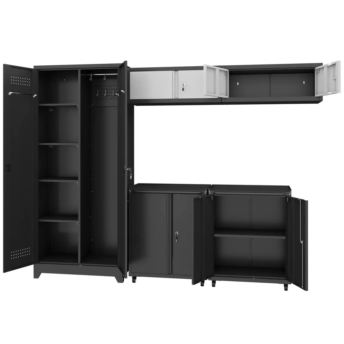 Greatmeet Metal Garage Storage Cabinet System, 5-Piece Lockable modular garage cabinets with Tall Storage Locker, Wall-Mounted Cabinets & Rolling Carts for Workshop