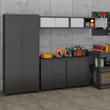 Greatmeet Metal Garage Storage Cabinet System, 5-Piece Lockable modular garage cabinets with Tall Storage Locker, Wall-Mounted Cabinets & Rolling Carts for Workshop