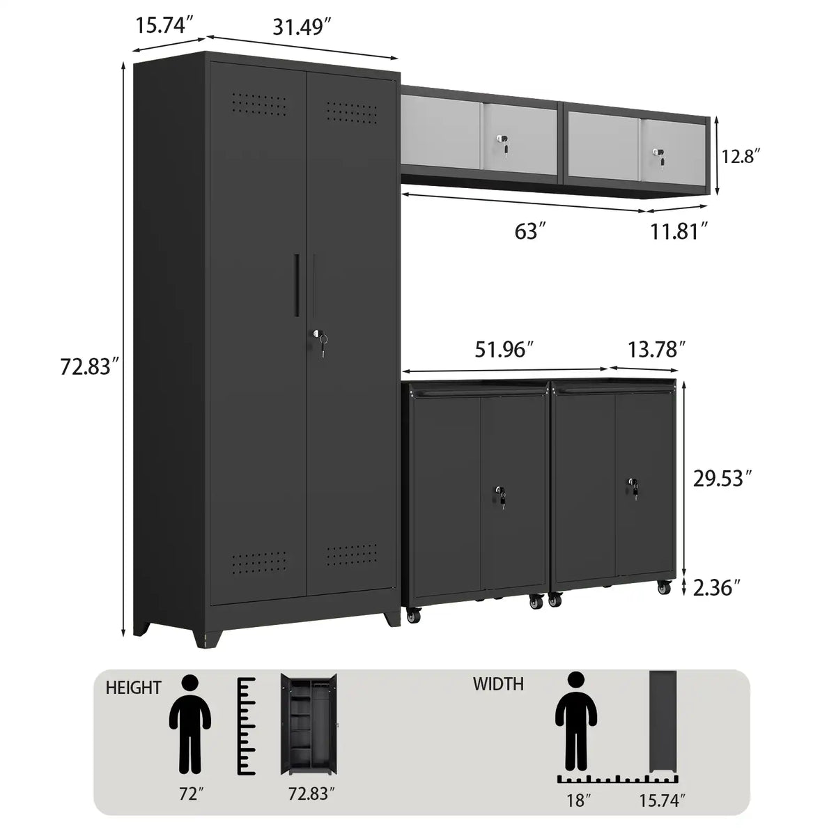 Greatmeet Metal Garage Storage Cabinet System, 5-Piece Lockable modular garage cabinets with Tall Storage Locker, Wall-Mounted Cabinets & Rolling Carts for Workshop