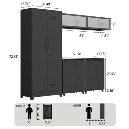 Greatmeet Metal Garage Storage Cabinet System, 5-Piece Lockable modular garage cabinets with Tall Storage Locker, Wall-Mounted Cabinets & Rolling Carts for Workshop