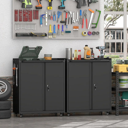 Greatmeet Rolling Metal Garage Storage Cabinet with Locking Wheels, Heavy-Duty Mobile Tool Cabinet with Adjustable Shelf & Side Hooks for Workshop Organization