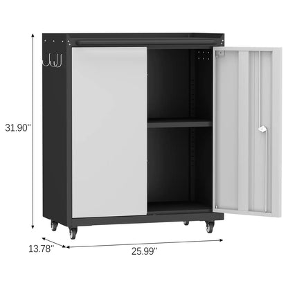 Greatmeet Rolling Metal Garage Storage Cabinet with Locking Wheels, Heavy-Duty Mobile Tool Cabinet with Adjustable Shelf & Side Hooks for Workshop Organization