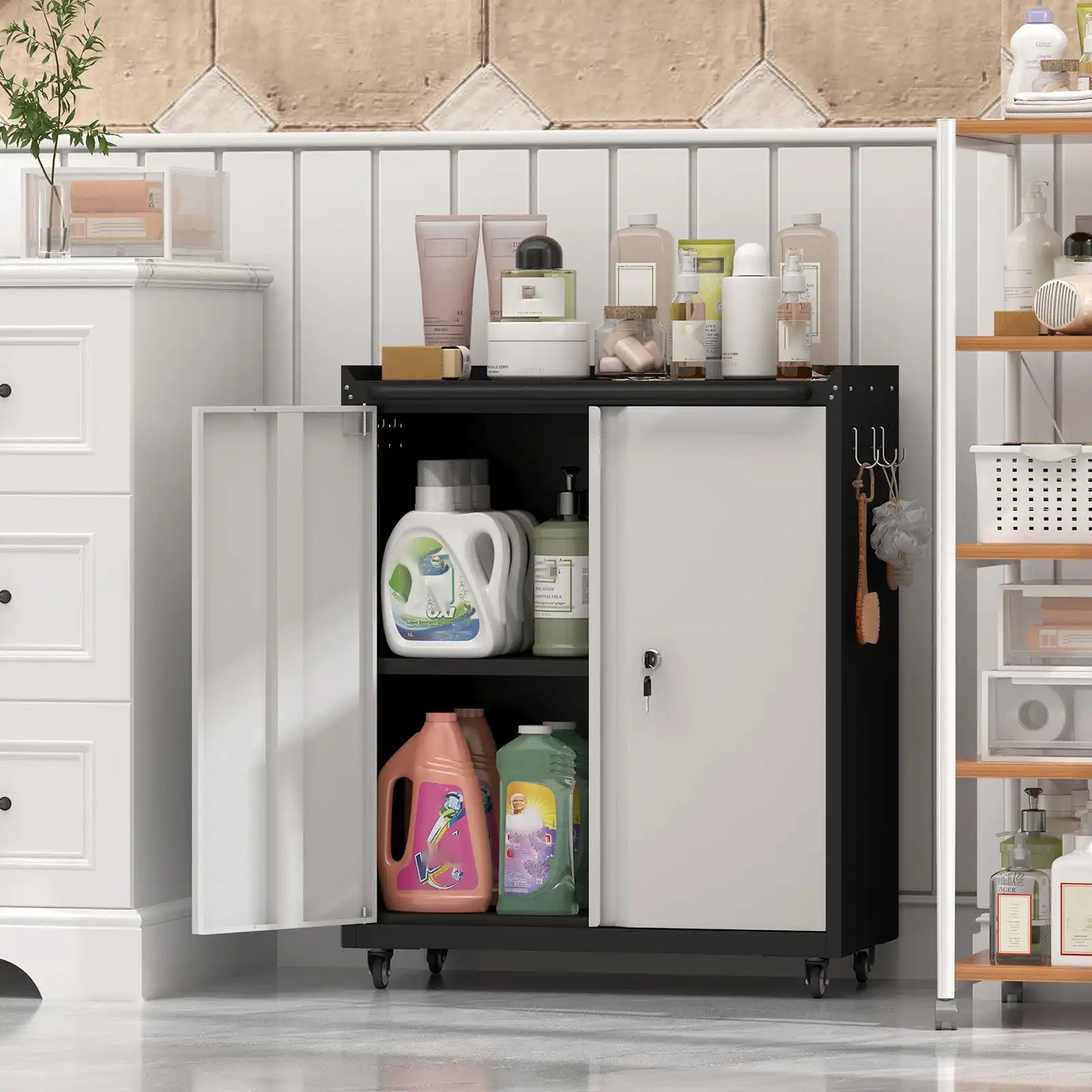 Greatmeet Rolling Metal Garage Storage Cabinet with Locking Wheels, Heavy-Duty Mobile Tool Cabinet with Adjustable Shelf & Side Hooks for Workshop Organization