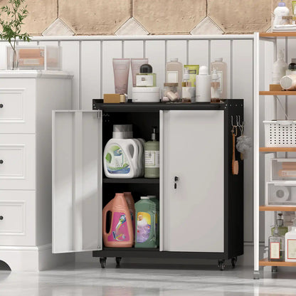 Greatmeet Rolling Metal Garage Storage Cabinet with Locking Wheels, Heavy-Duty Mobile Tool Cabinet with Adjustable Shelf & Side Hooks for Workshop Organization