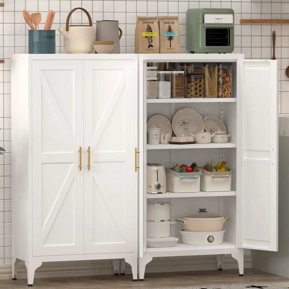 Metal Kitchen Pantry Cabinet Showing Organized Dishes and Appliances #white #compact