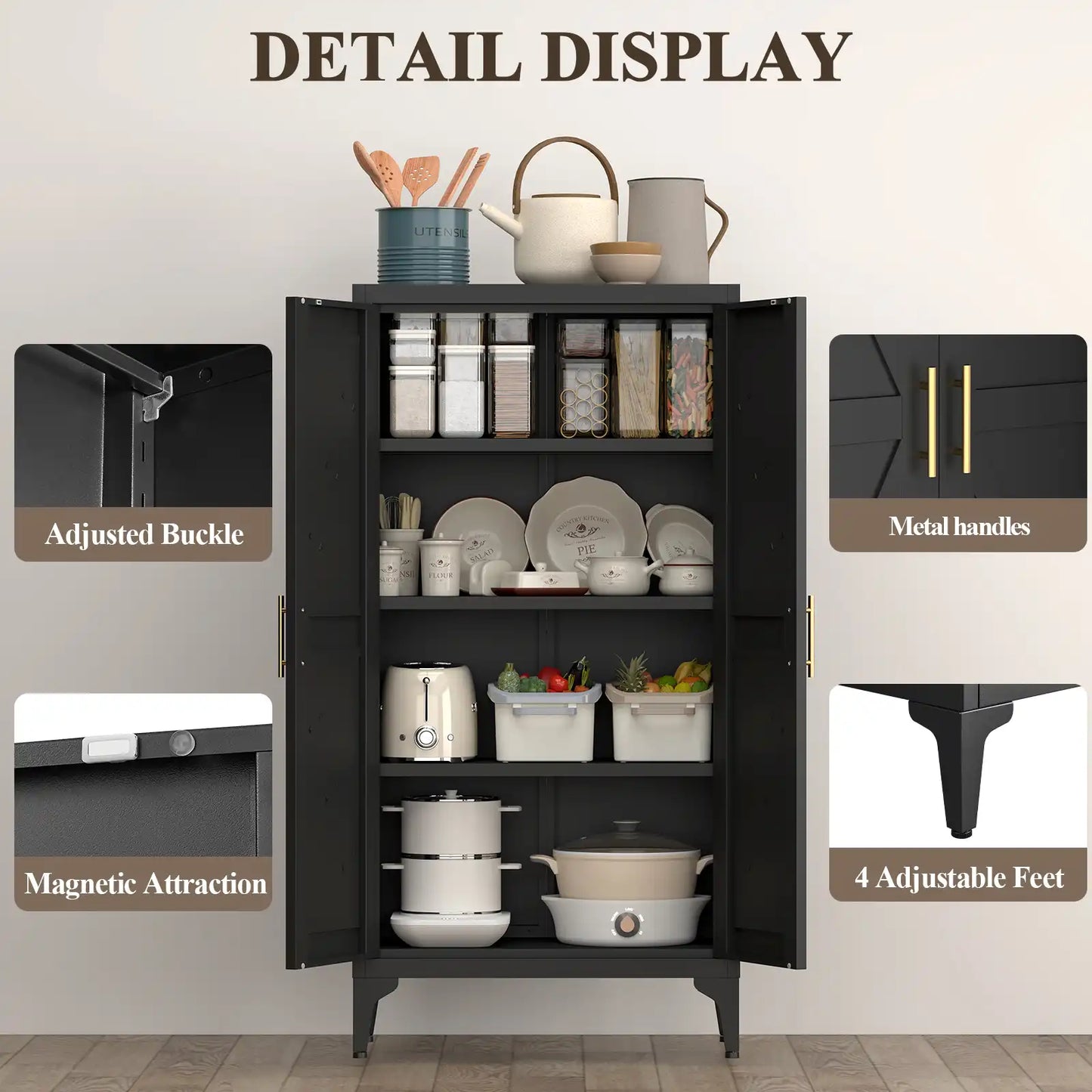 Greatmeet Metal Kitchen Pantry Storage Cabinet with 2 Doors & Adjustable Shelves, Tall Cupboard for Kitchen, Dining Room, Bathroom & Living Room