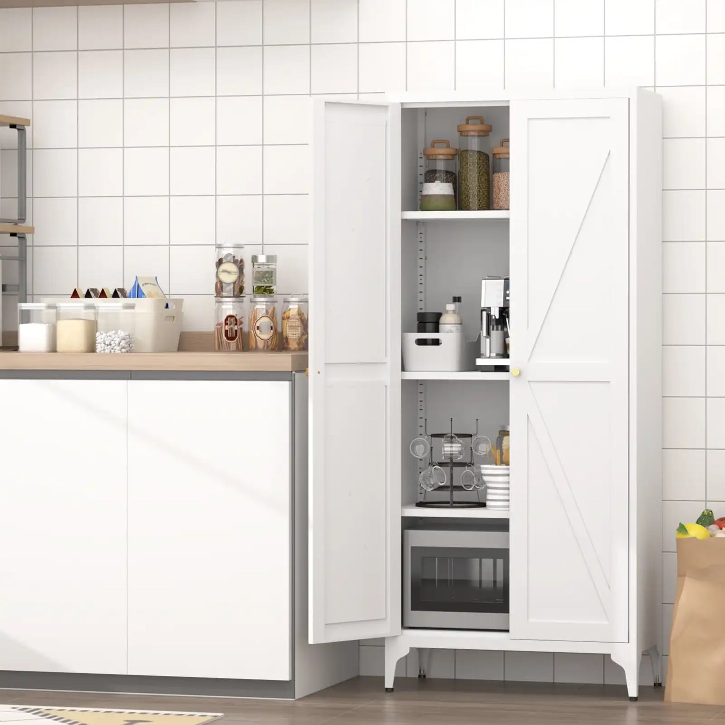 Greatmeet Metal Kitchen Pantry Storage Cabinet with 2 Doors & Adjustable Shelves, Tall Cupboard for Kitchen, Dining Room, Bathroom & Living Room